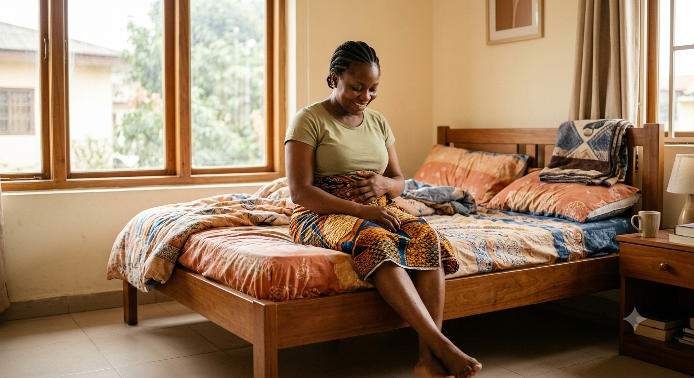 Woman holding her lower abdomen, looking relieved